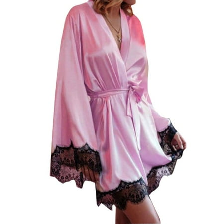 Women Satin Robe Lace Trim Short Kimono Sleepwear Long Sleeve Nightwear Nightgown Dressing Gown for Brides Bridesmaids Lingerie Robes
