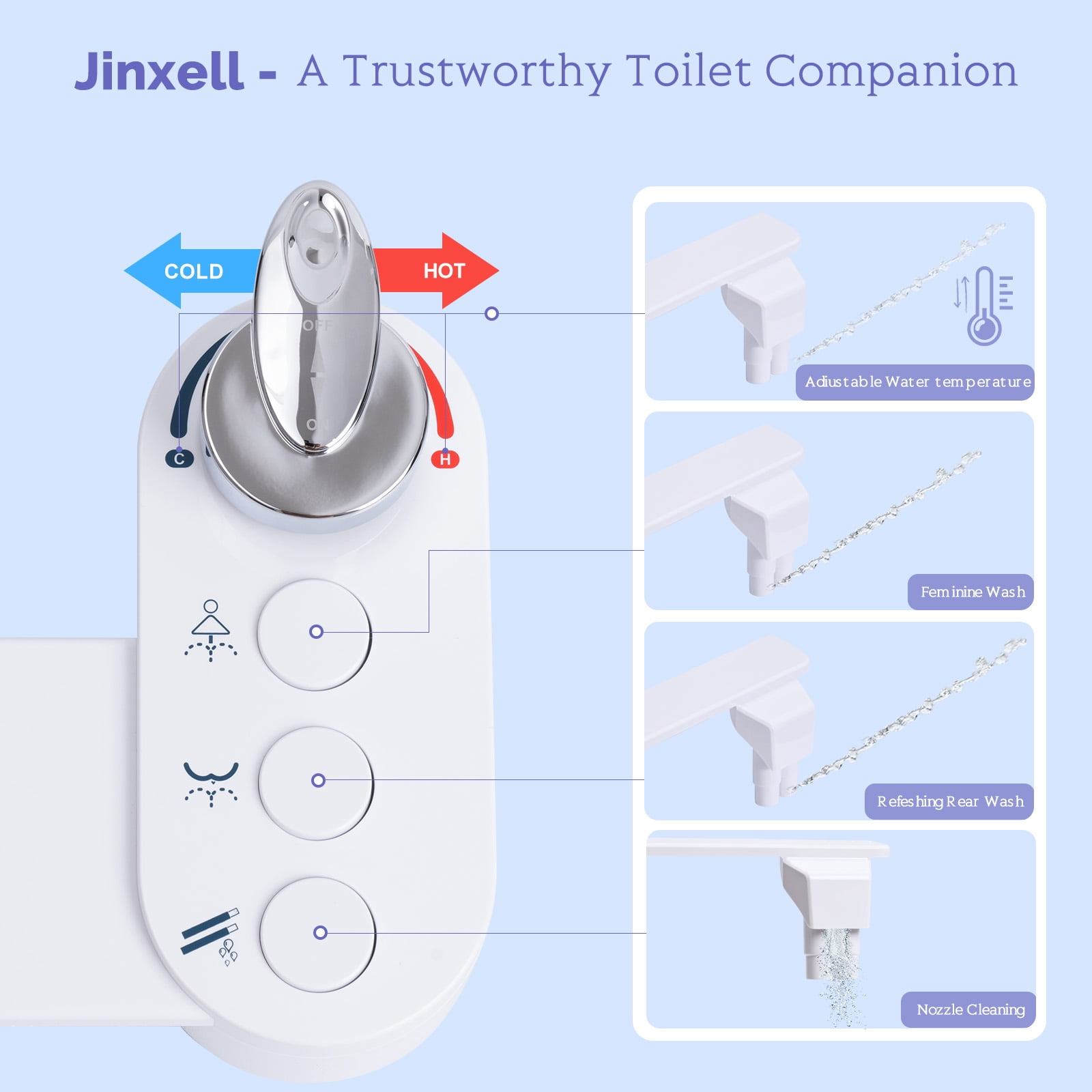 Jinxell Bidet Attachment for Toilet, Hot and Cold Water Spray Non-Electric Dual Nozzle for Frontal & Rear Wash, Adjustable Water Pressure Control, Self Cleaning Water Sprayer