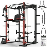 Mikolo Smith Machine, 2000lbs Squat Rack with 1200 lb Capacity Red , Training Equipment with LAT-Pull Down System & Cable Crossover Machine