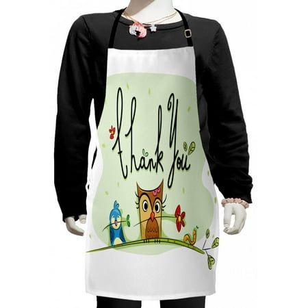 

Animal Kids Apron Little Birds Owl Worm and Sparrow and Flowers with Thank You Words Artwork Print Boys Girls Apron Bib with Adjustable Ties for Cooking Baking Painting Green by Ambesonne