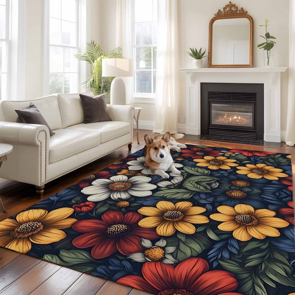6'x9' Area Rugs, Flower Floral Indoor Outdoor Area Rug for Living Room Bedroom, Cottagecore Blooms Garden Wildflower Washable Bathroom Rugs Kitchen Floor Carpet Mats Home Decor Aesthetic