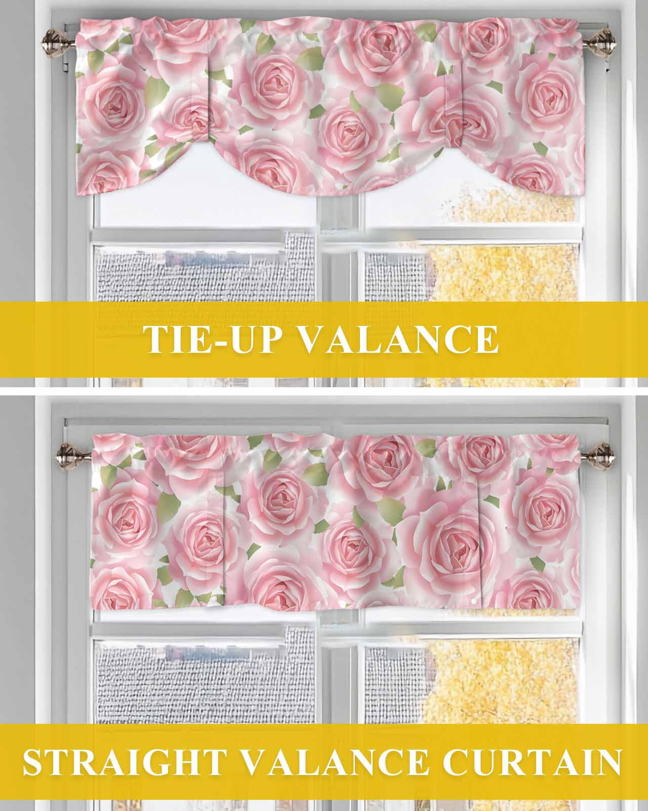 Pink Rose Floral Tie Up Valances Curtain, Adjustable Kitchen Flowers Leaves Pastoral Plant Classic Valances for Windows Decor, Rod Pocket Short Curtains Set for Bedroom/Bathroom, 54"x18"