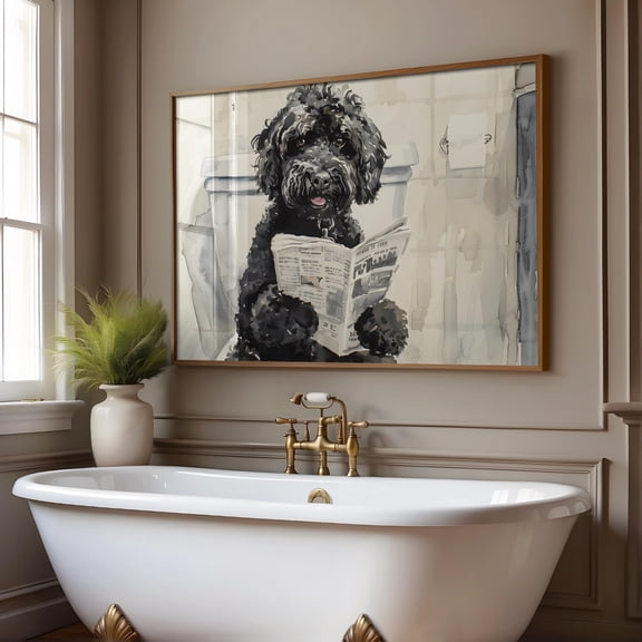 Black Goldendoodle Bathroom Wall Art, Bathroom Decor, Dog Wall Art, Black Goldendoodle Reading Newspaper, Pet Wall Art, S180 UNFRAMED Poster, Wall Art for Decor, Present, 8x12