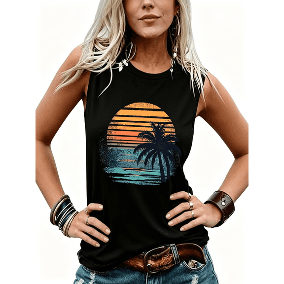 Atkumj Sleeveless Graphic Tees for Women Casual Round Neck Print Tank Tops Trendy Comfy Versatile Going Out Summer Tops S