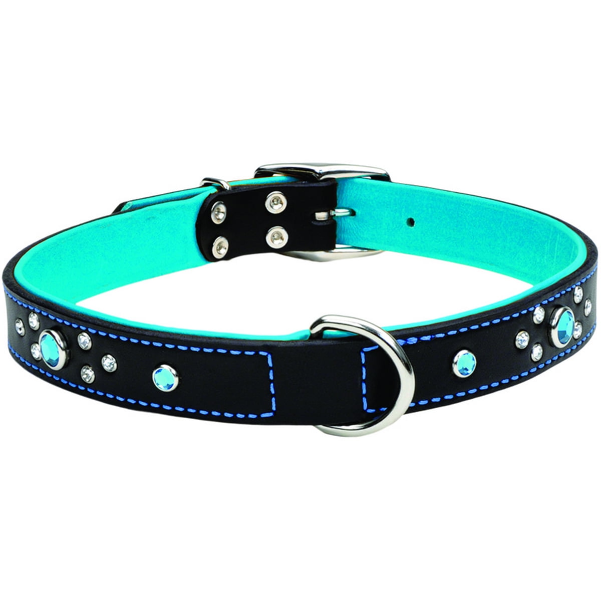 Circle T 1" Fashion Leather Dog Collar W/JewelsBlack With Blue Jewels