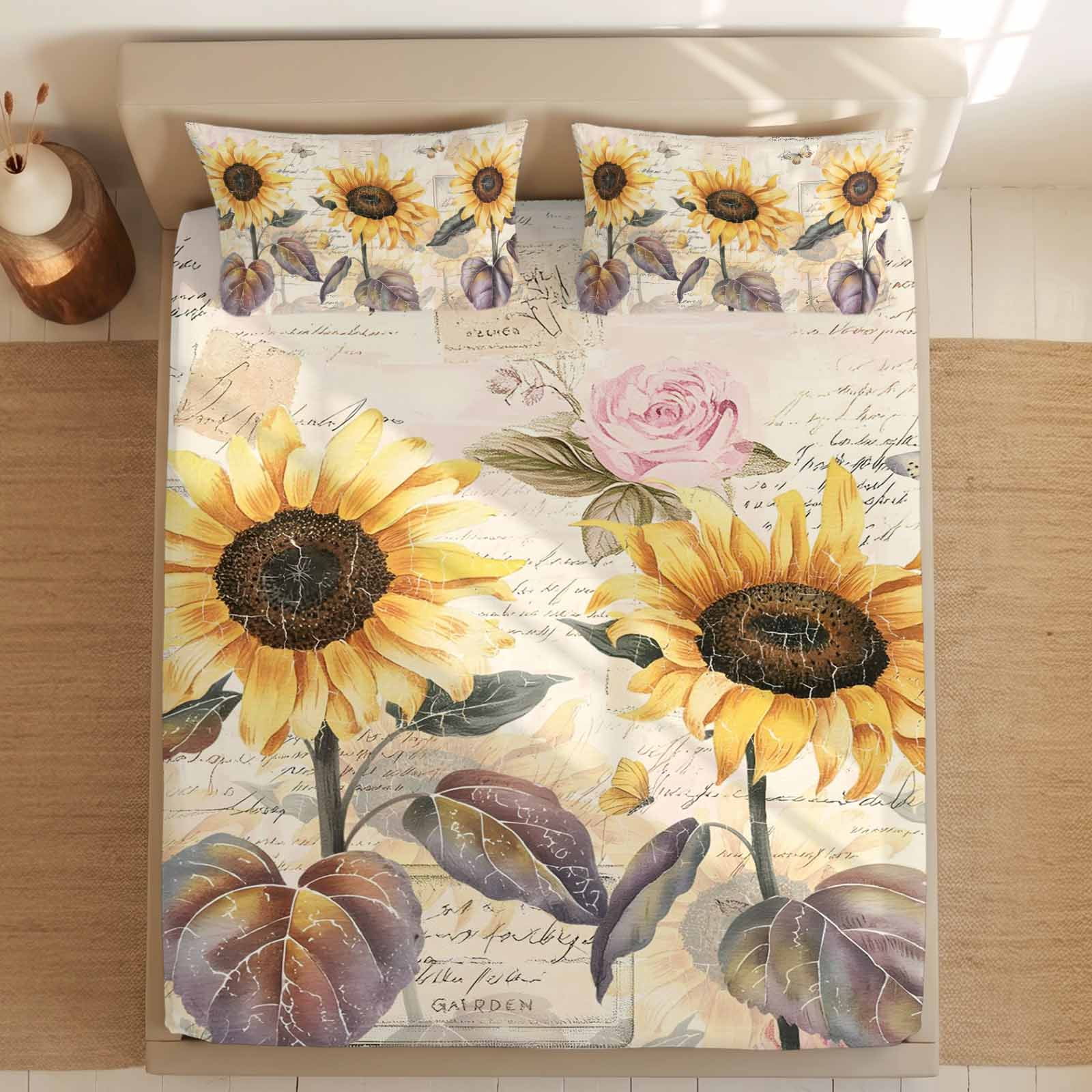 King Size Fitted Sheet Set - Sunflower Vintage 3 Piece Bedding Sets 16" Deep Pocket Fitted Sheet with 2 Pillowcases, Farmhouse Botanical Floral Butterfly Brushed Microfiber Hotel Luxury Bed Sheets