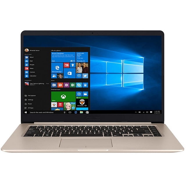 laptop gamer asus x510qa-br034t amd a12 9720p 8gb 1tb reacondicionado Dorado VivoBook 15 con Windows 10, procesador AMD A12-9720P y AMD Radeon R7 Graphics, vista frontal centrada de la pantalla LED 15.6" 60 Hz mostrando la pantalla de inicio de Windows, teclado completo con teclado numérico y touchpad centrado sobre chasis dorado; también adecuada para reproducción multimedia y tareas de estudio.