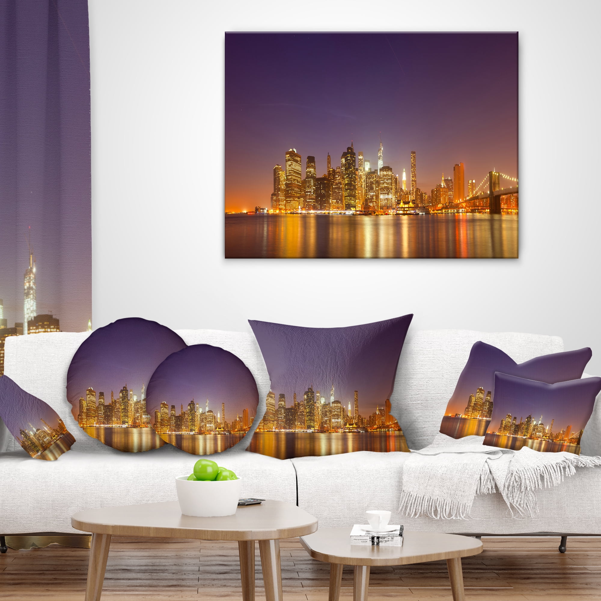 Designart Illuminated NYC Downtown Buildings - Cityscape Throw Pillow - 16x16