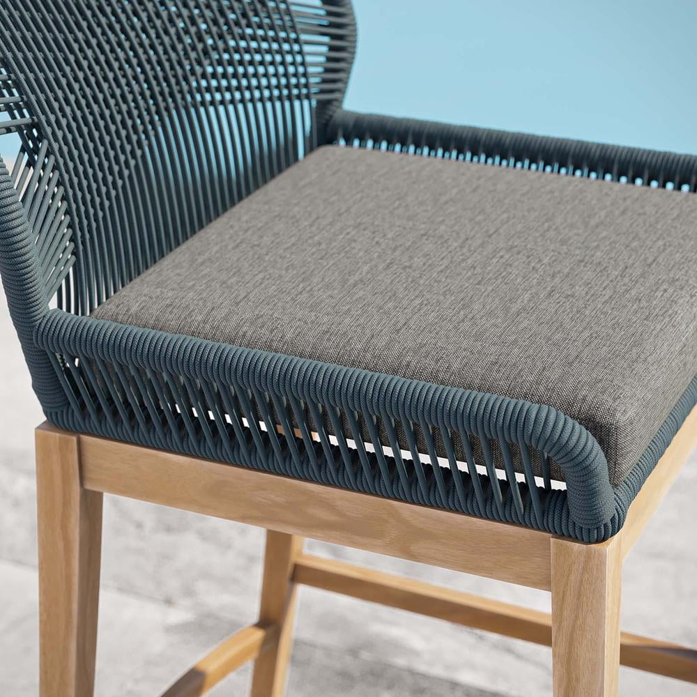 Modway Wellspring Outdoor Patio Teak Wood Bar Stool in Blue/Graphite