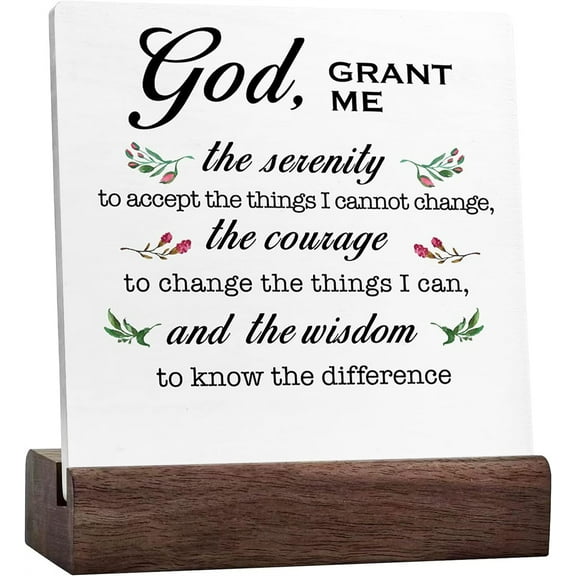 Ceramic Sign 4x4 Inch God Grant Me The Serenity Wooden Sign Desk Decor Bible Verse Plaque Sign with Wood Stand Desk Decor For Christian Home Bedroom Room Office Shelf Table Decor Gift For Women Men