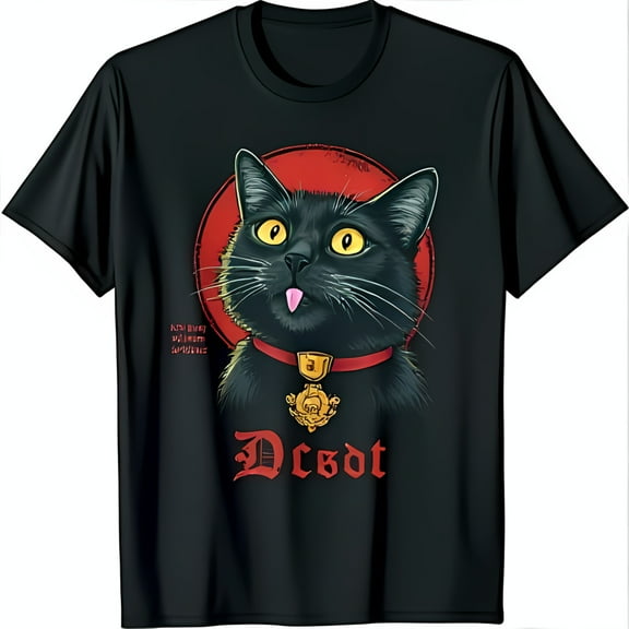 Black T-Shirt with Mischievous Black Cat in Red Collar Gothic Dcsdt Design