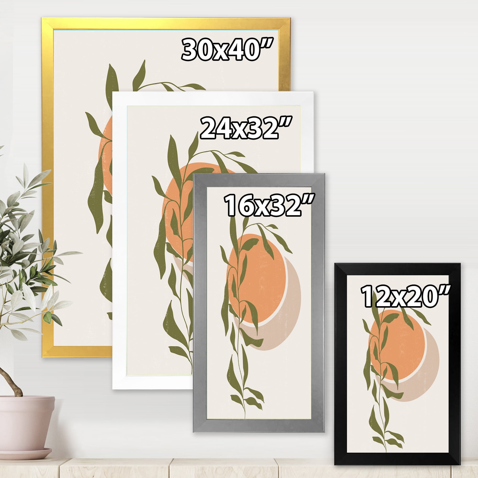 Designart 'Abstract Orange Moon and Sun With Tropical Leaf' Modern Framed Art Print