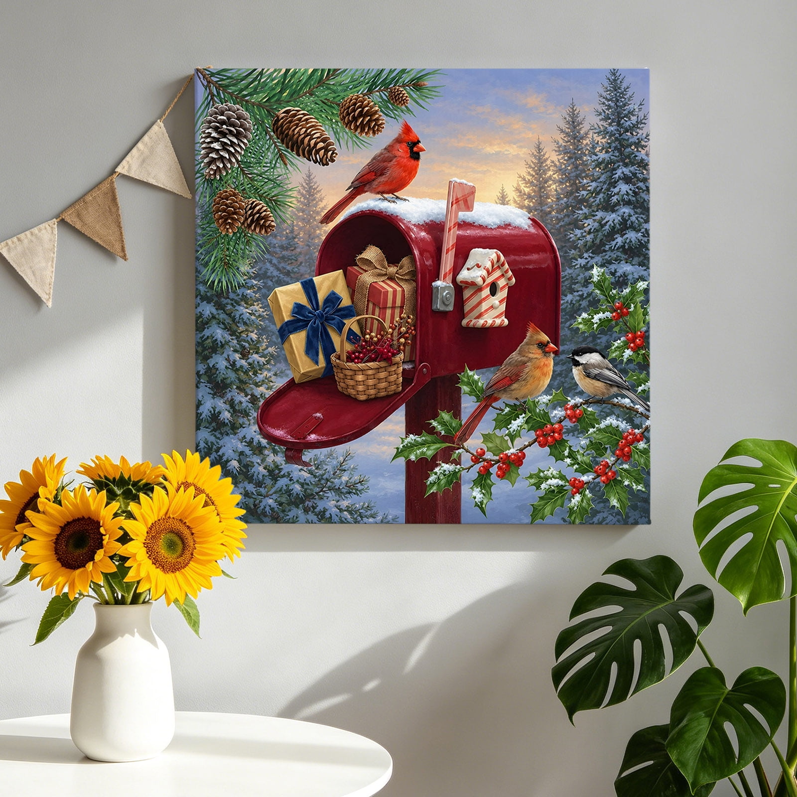 Christmas Red Mailbox Canvas Wall Art Winter Farmhouse Birds Birdhouse Berry Pine Pictures Wall Decor Wooden Framed Artwork Art Prints for Living Room Hallway Bedroom Office 12 x12