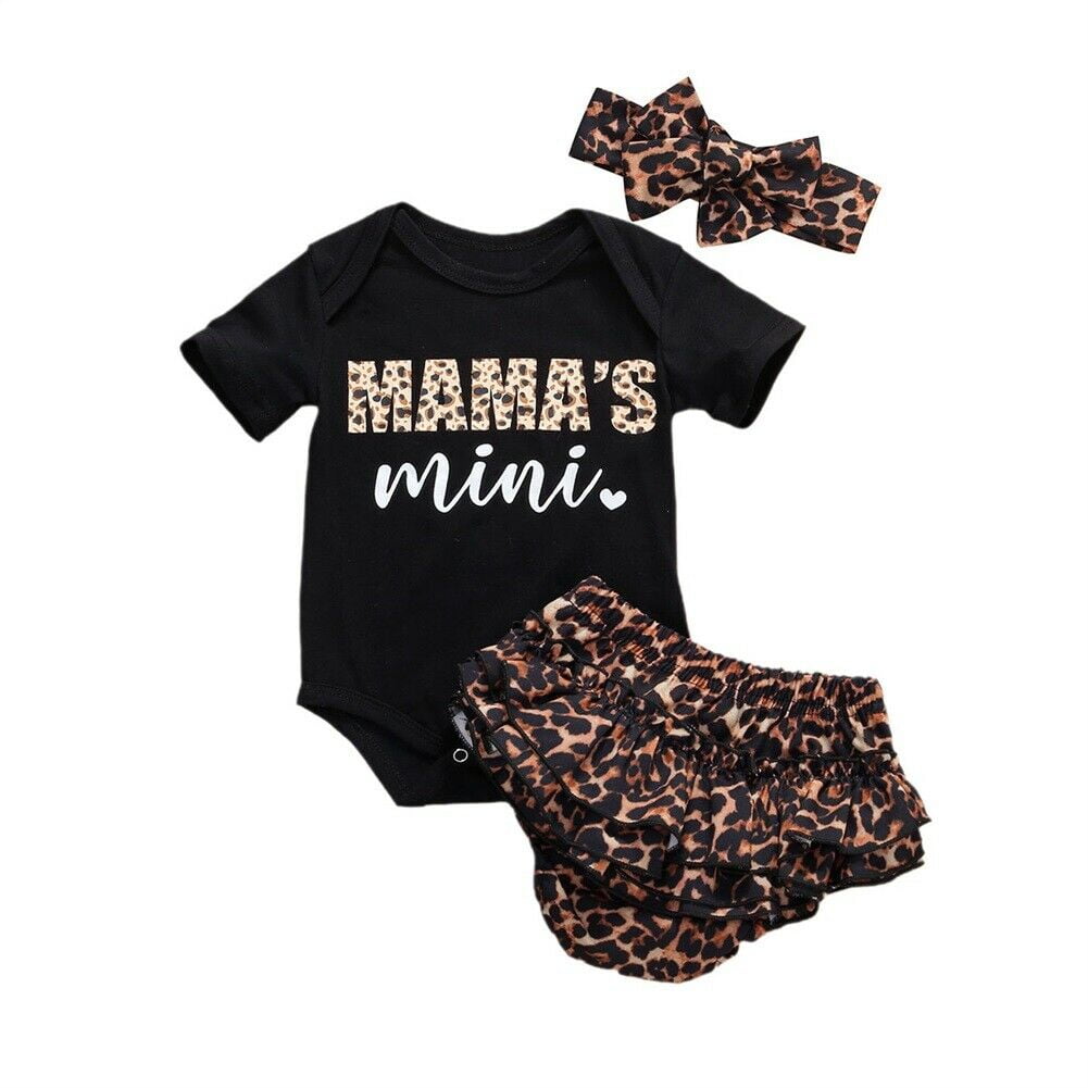 Herqw61 3pcs Baby Girl Clothes Set Cotton Romper Onesies Leopard Shorts Hairband Toddler Infant Pjamas 