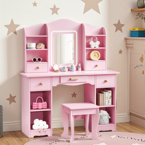 Arlopu Kids Vanity Set w/ 3-Color Light, Princess Makeup Dressing Table & Stool Set, 2 in 1 Girls Pretend Play Makeup Dressing Table w/ Open Shelves, Storage Cabinet, Drawer