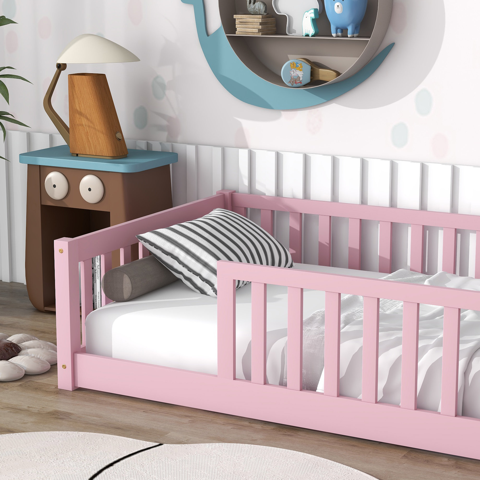 Miniyam Kids Floor Bed Frame with Rails, Montessori Platform Bed with Slats for Nursery, Pink