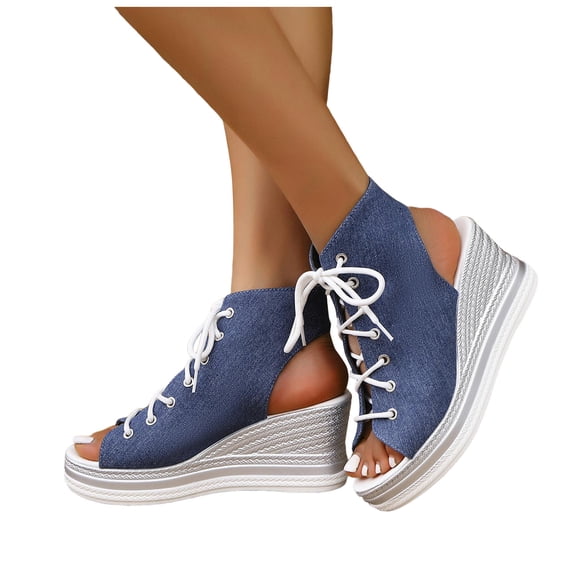 Gladiator Sandals for Women Open Toe Lace up Platform Wedges Heels Summer Dressy Leopard Print Ankle Strap Pumps Light Blue Size 7