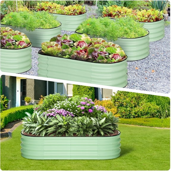 Historyli 2PC 4.5x2x1.5 FT Oval Raised Garden Bed, Galvanized Metal Planter Beds Outdoor, Olive Green