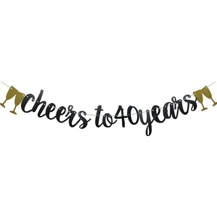 Cheers To 40 Years Banner,Pre-Strung, Black Paper Glitter Party Decorations For 40TH Wedding Anniversary 40 Years Old 40TH Birthday Party Supplies Letters Black