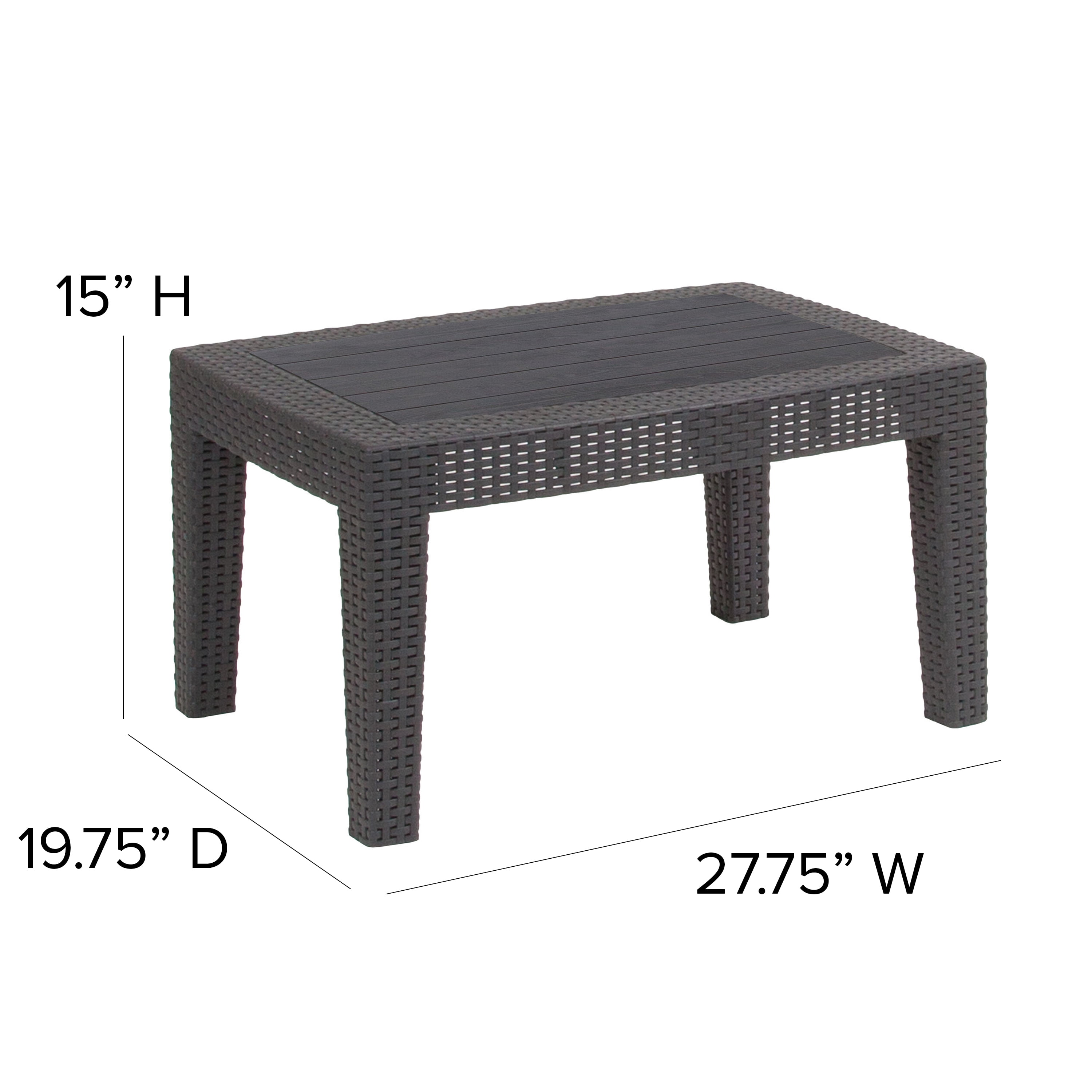 Merrick Lane Outdoor Coffee Table Dark Gray Faux Rattan Wicker Pattern Resin All-Weather Patio Coffee Table With Wood Plank Top Design