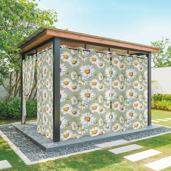 Daisy Flower Outdoor Curtains for Patio, Farmhouse White Floral Green Texture Waterproof Outside Curtains Privacy Blackout Curtain for Porch Pergola Cabana, 1 Panel 54W x 84L Inch