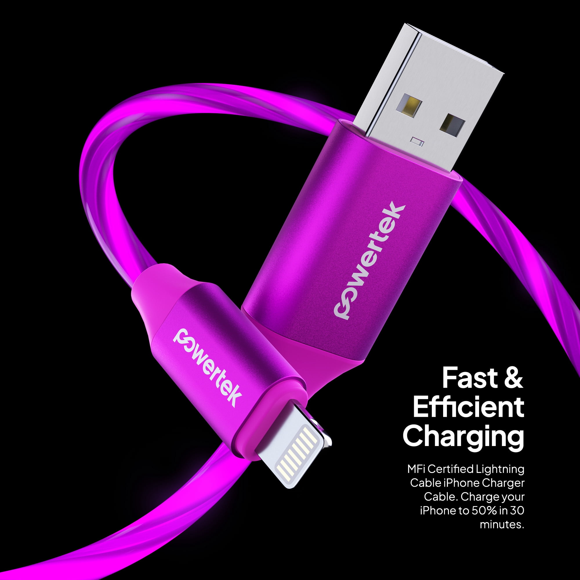 Powertek MFi-Certified Light-Up Spiral USB-A to Lightning Charging Cable, 5 ft, Purple
