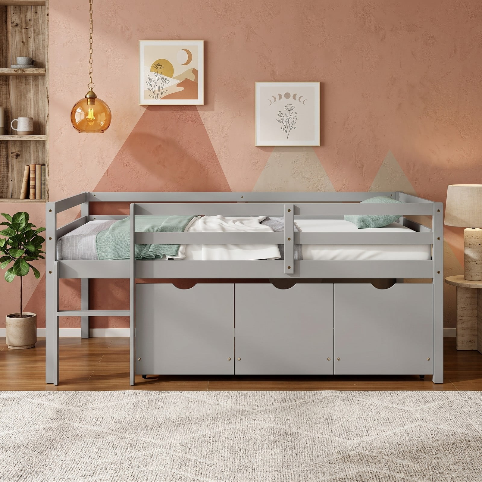 Furnibear Twin Size Low Loft Bed with 3 Drawers and Full-length Guardrails for Kids Bedroom, Wood Loft Bed with Storage and Ladder, Gray