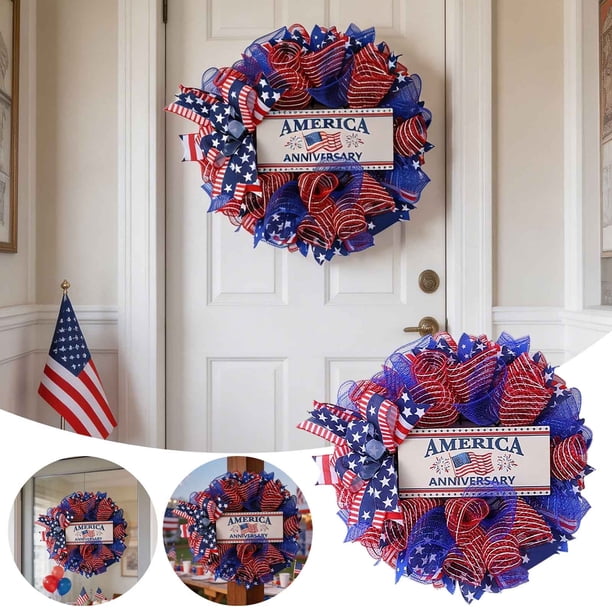 Corona patriótica del Día de la Independencia | Corona festiva roja, blanca y azul para la puerta principal | Decoración festiva para fiestas en casa