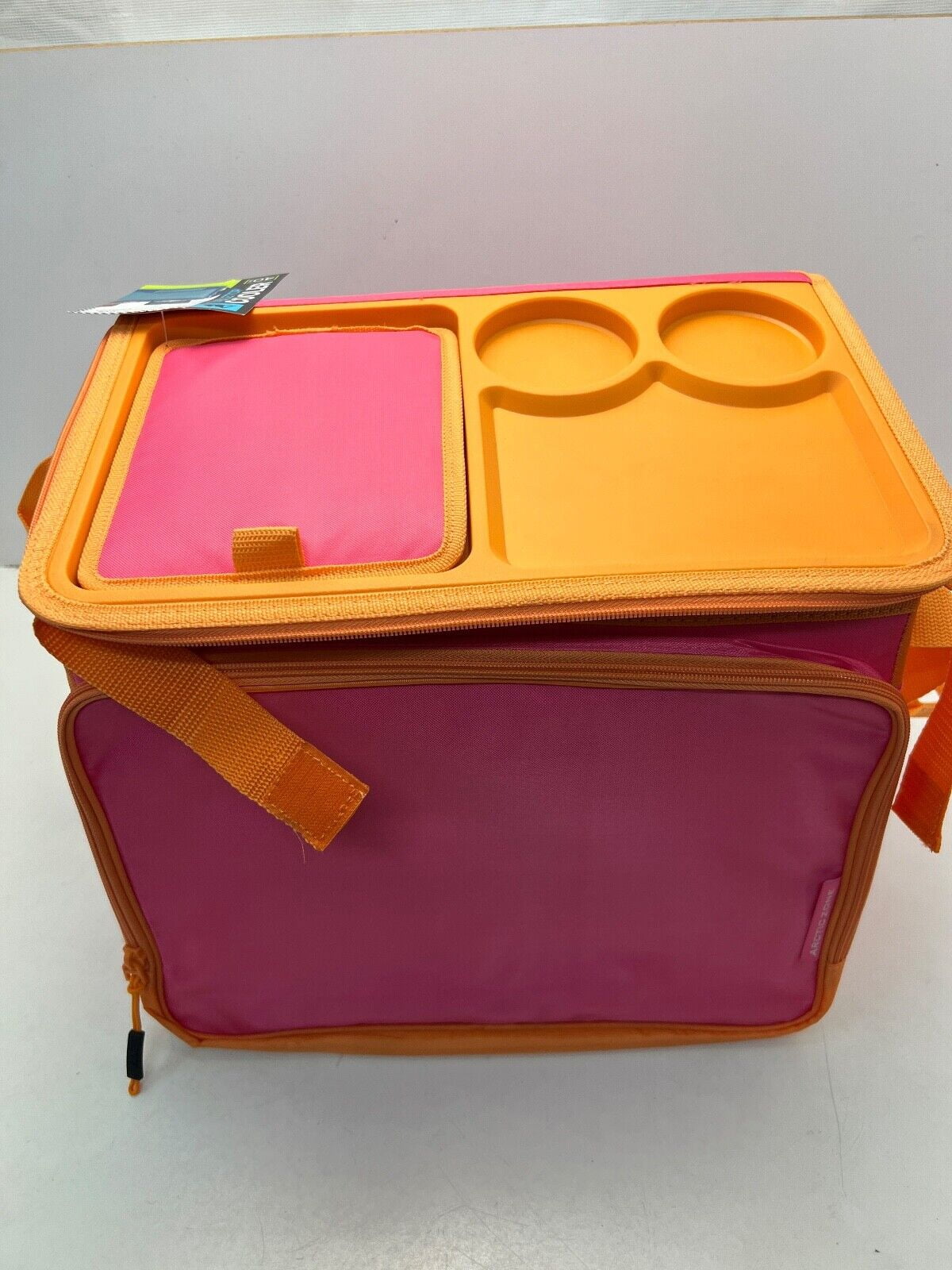 ARCTIC ZONE Tabletop Cooler 40 Can Capacity Collapsible 2 Drink Holders - Pink & Orange