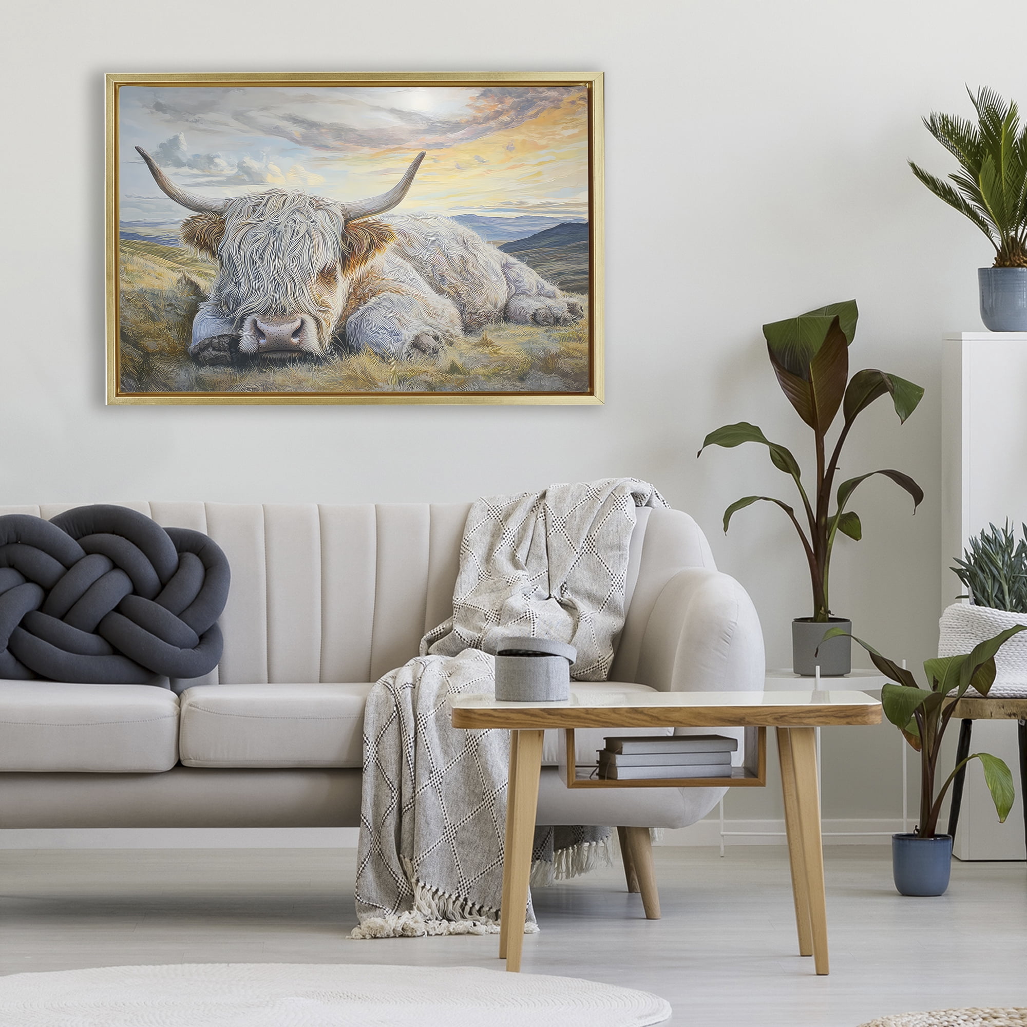 Stupell Industries Sleeping Highland Cow Pastoral Gold Framed Floater Canvas Wall Art, design by The Wands Want