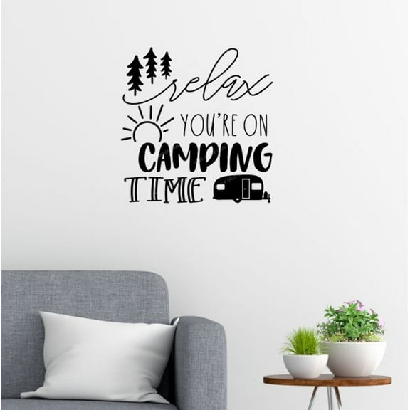 Relax You're On Camping Time RV Decals - Vinyl Camper Decals - Decals for RV Trailers - Vintage RV Art Die-Cut Vinyl Graphics for RV - RV Camper Decals Sayings for Wall Decor, 18x18-Inch, Black