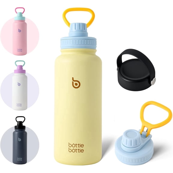 BOTTLE BOTTLE 32 oz Insulated Water Bottle Stainless Steel Water Bottle with Two Lids and Handle Double Walled BPA-Free Keeps Drinks Cold for 12 Hours and Hot for 24 Hours (ButterLatte)