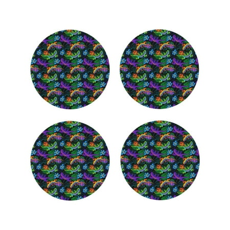 

Coasters Set of 4 - Artistic Colorful Gecko Lizard Drink Coasters for Tabletop Protection Leather Coasters for Living Room Decor and Housewarming Gift Round Shape