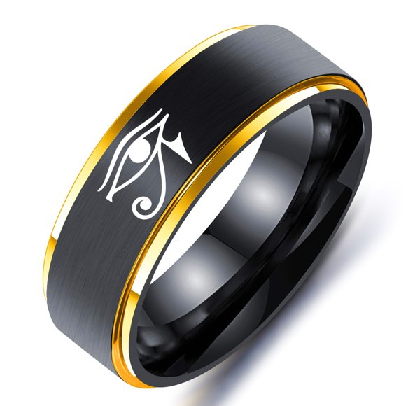 GODS EYE SIGNET RING FOR MEN TITANIUM STEEL BLACK EGYPTIAN EYE OF GOD HORUS UDJAT ILLUMINATI TRIQUETRA RING M730JR5003GL 8