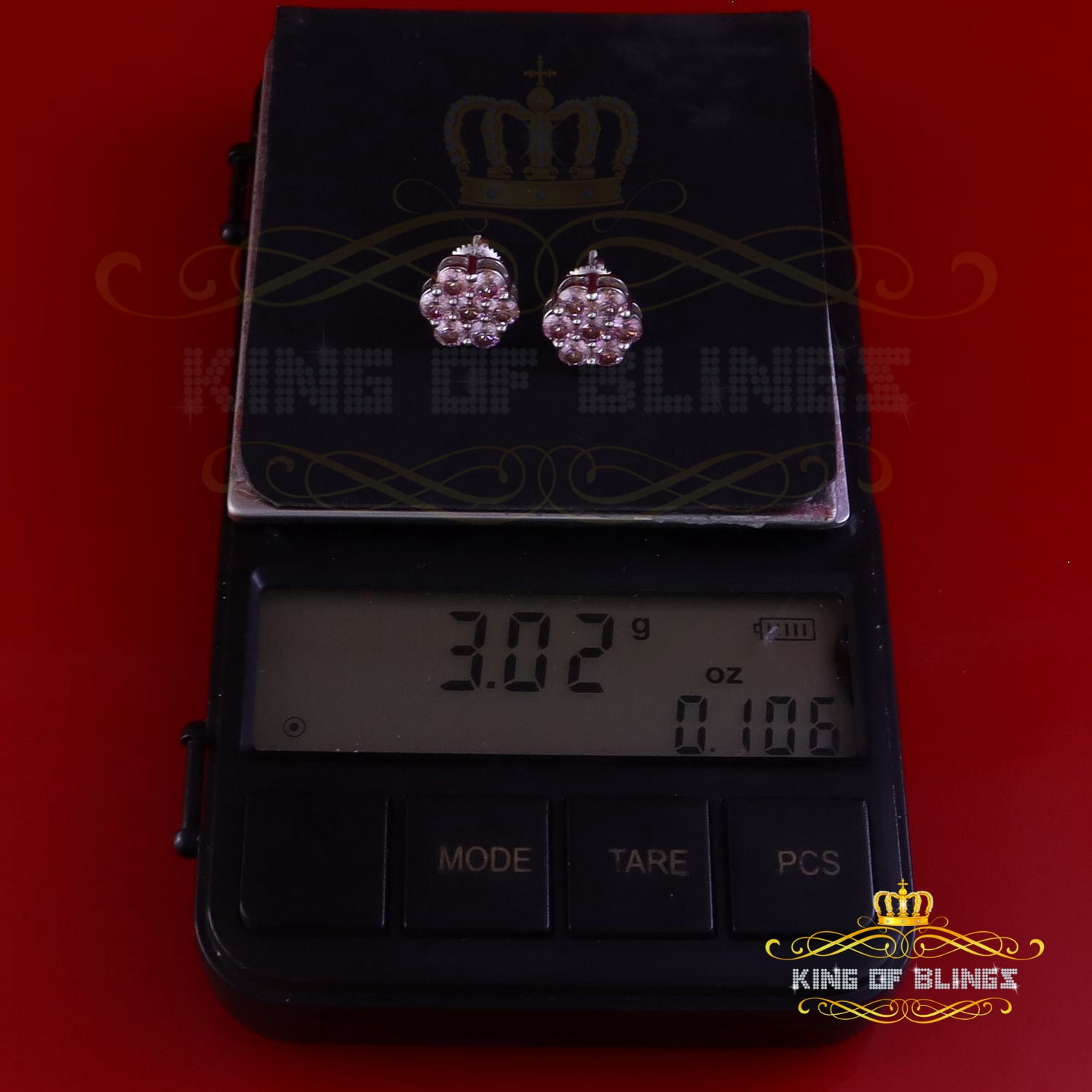 King of Bling's 925 Silver White 2.25ct VVS D Pink Moissanite Floral Men's/Women's Stud Earrings