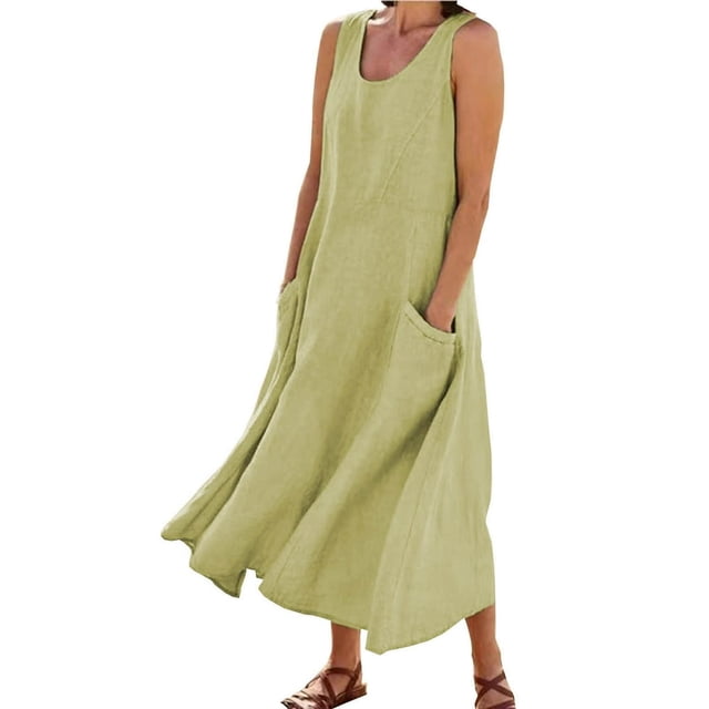 JUNWELL Liquidation d'Été! Robes d'Été pour Femmes en Liquidation à Moins de 10 $ Grande Taille Sans Manches Amples Maxi Robes en Coton Lin Fluides Décontractées avec Poches