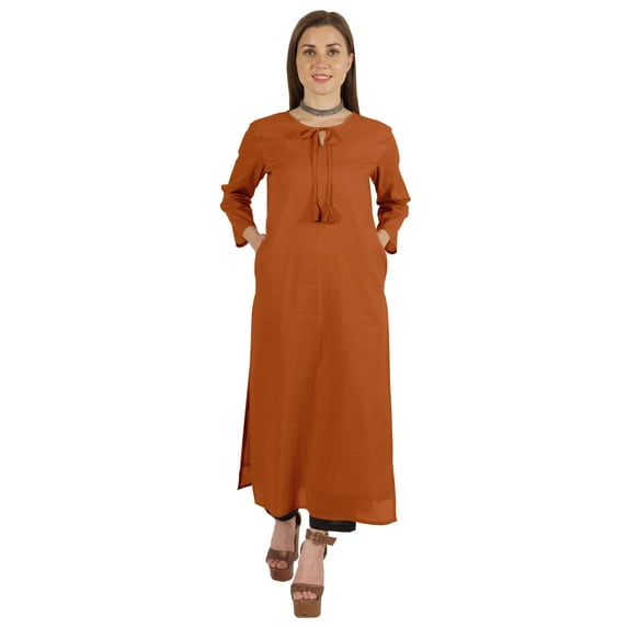Moomaya Solid Long Kurti For Women Cotton Tunic 3/4 Sleeve Ethnic Formal Kurta w/ Pockets