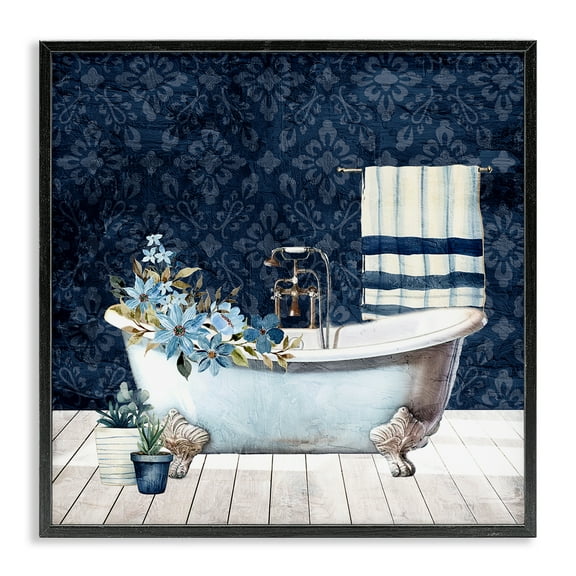 Stupell Industries Blue Damask Bathroom Bath & Laundry Painting Black Framed Art Print Wall Art, 12 x 12
