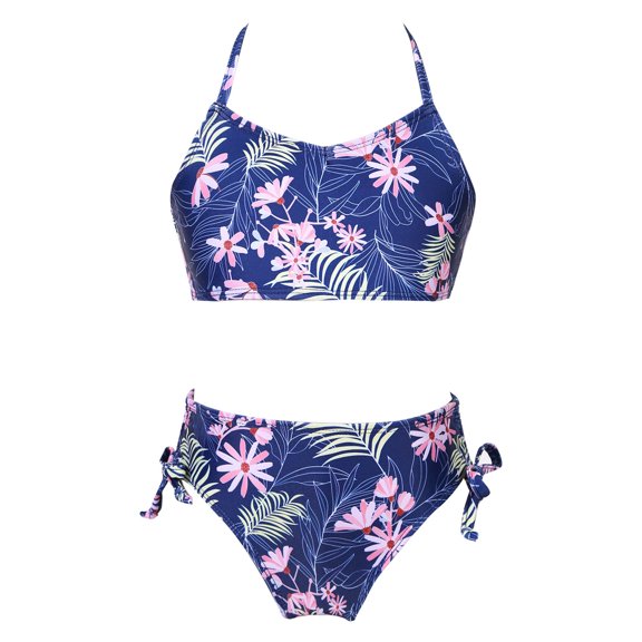iEFiEL Kids Girls Floral Printed Bikini Set Swimwear Sleeveless Bathing Suit,2-Piece Set,Sizes 4-14 Beach Navy Blue 8