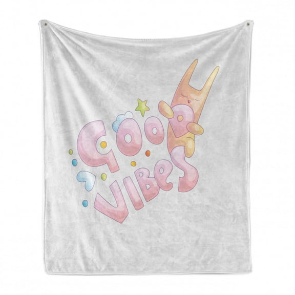 Saying Soft Flannel Fleece Throw Blanket, Pastel Inspirational Lettering with Doodle Letters and Bunny, Cozy Plush for Indoor and Outdoor Use, 50" x 60", Coconut and Multicolor, by Ambesonne