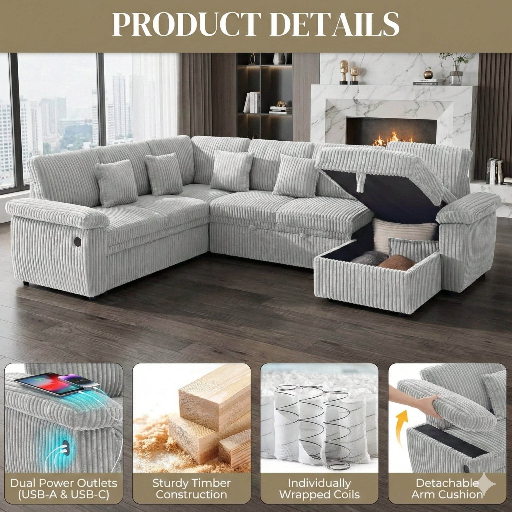 Howcool Modular Sectional Sleeper Sofa with Pull-Out Bed, U-Shaped Convertible 7-Seat Cloud Couch with Storage Chaise & USB Charging, Plush Corduroy Sectional for Living Room,Grey