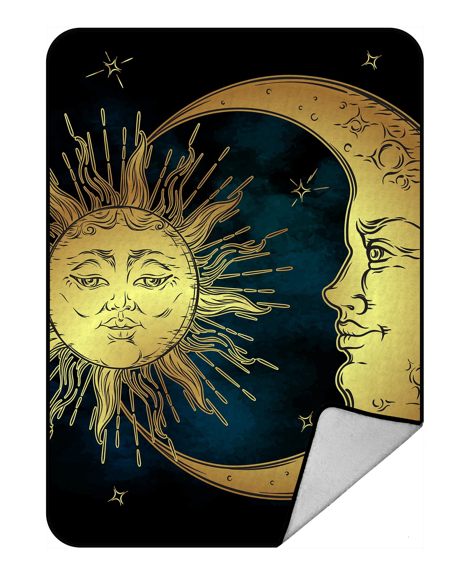 ECZJNT golden sun crescent moon and stars over blue black sky Throw Blanket Fleece Blankets