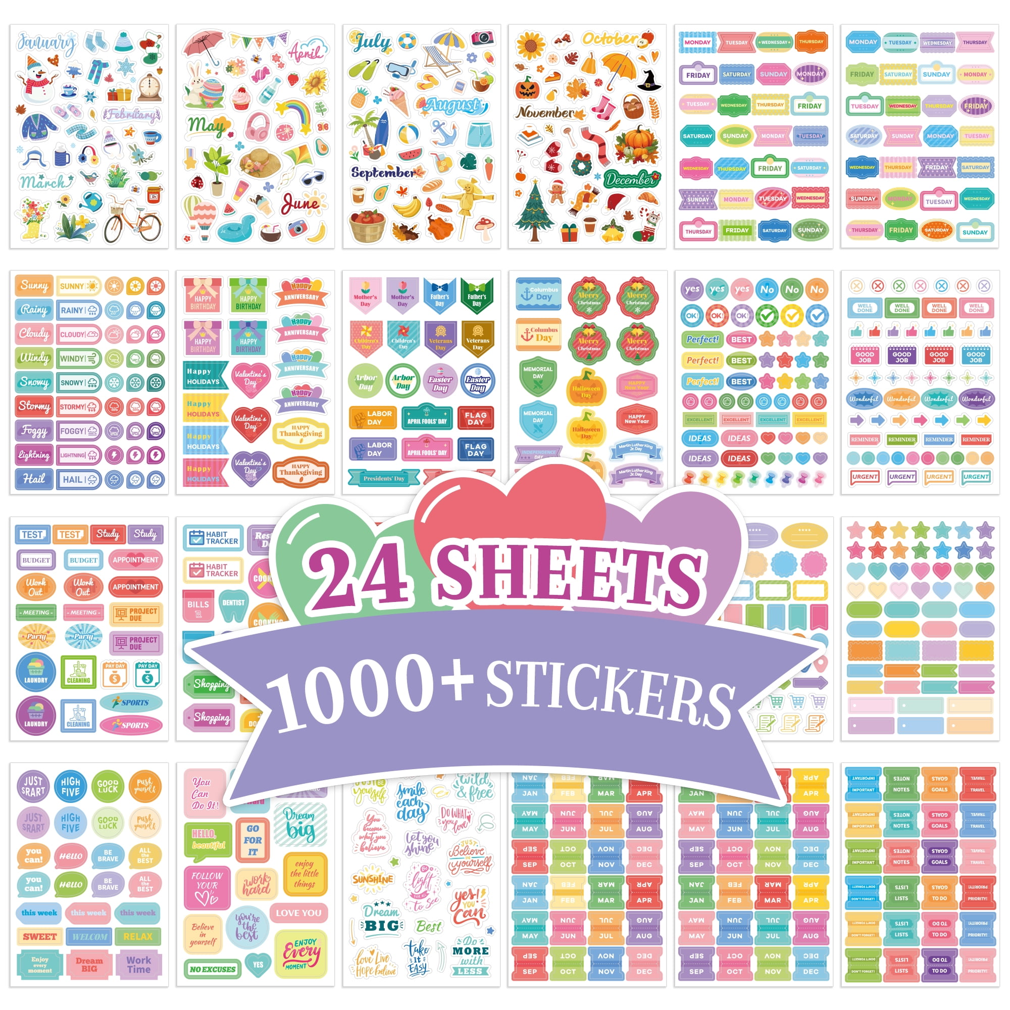 1000+ Holiday Seasonal Daily Monthly Planner Stickers for Women Men - Scrapbooking Supplies 24 Pages Sticker Book for Calendar Vision Board