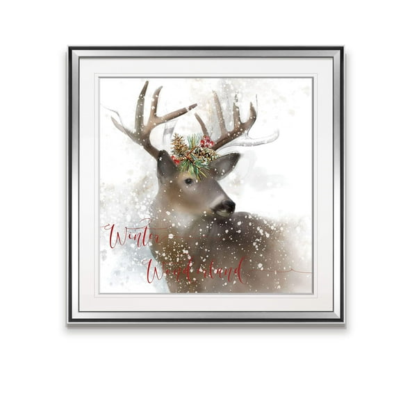 Renditions Gallery Winter Wonderland Deer Painting Pine Holly Flower Picks Christmas Art Framed Canvas Prints Animal Wall Decor, 28x28