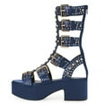 thumbnail image 2 of FSJ Women Platform Studded Mid Calf Gladiator Sandals Open Square Toe Buckle Block Heels Summer Dress Party Zipper Shoes Size 9 Blue, 2 of 4
