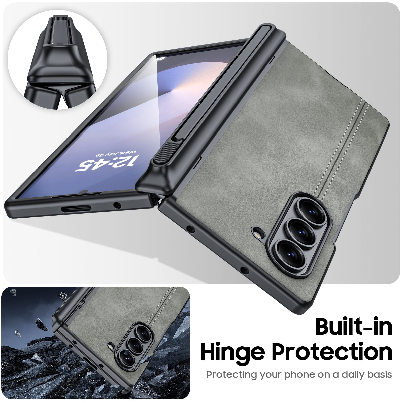 Vizvera for Samsung Galaxy Z Fold 6 Phone Case with S Pen Holder [Hinge Protection & Screen Protection] PU Leather Matte PC Shockproof Case-Gray