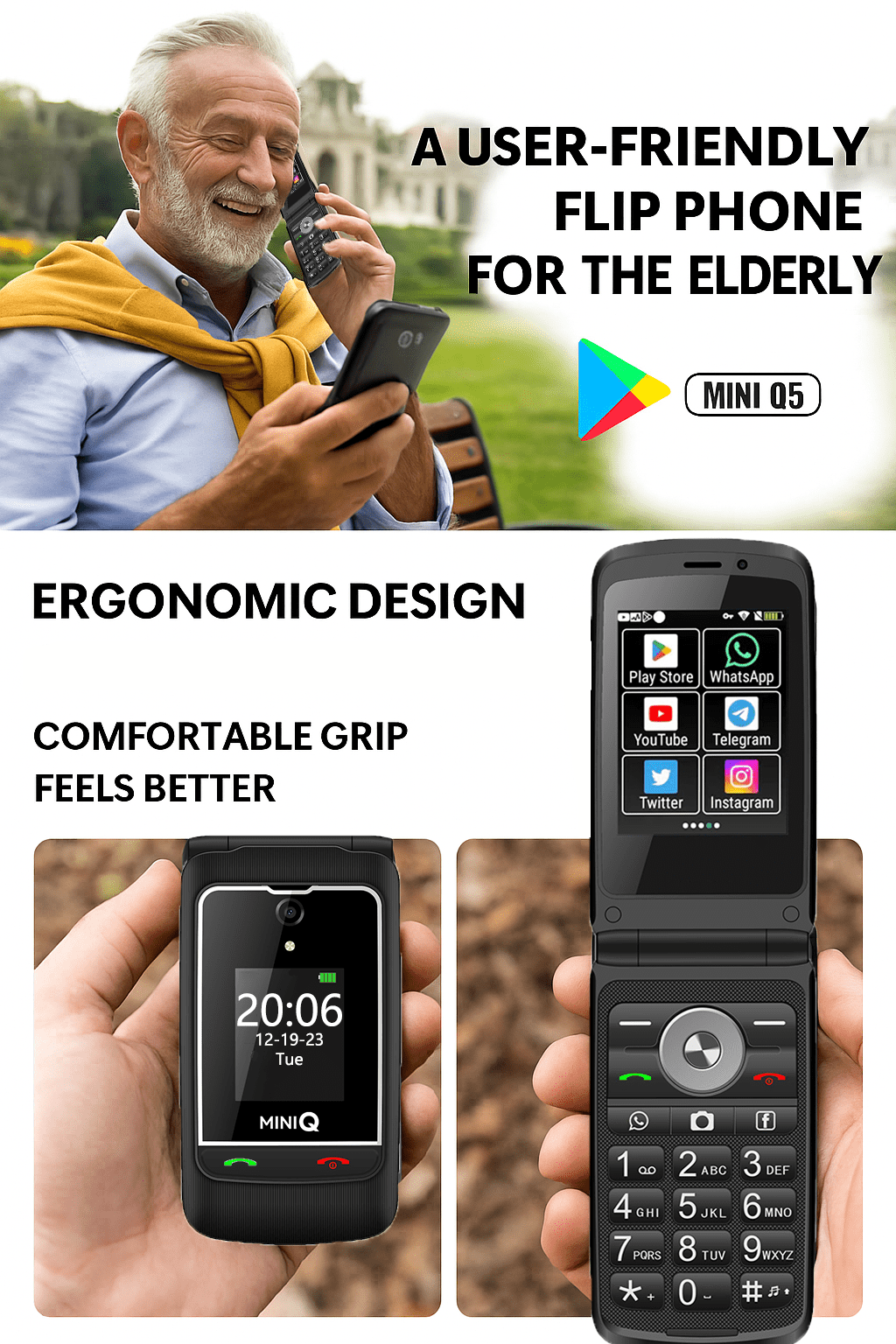 TIQ Mini US Q5 4G Smart Flip Phone - Tmobile Compatible, Android MTK6739, Multilingual Touch Screen