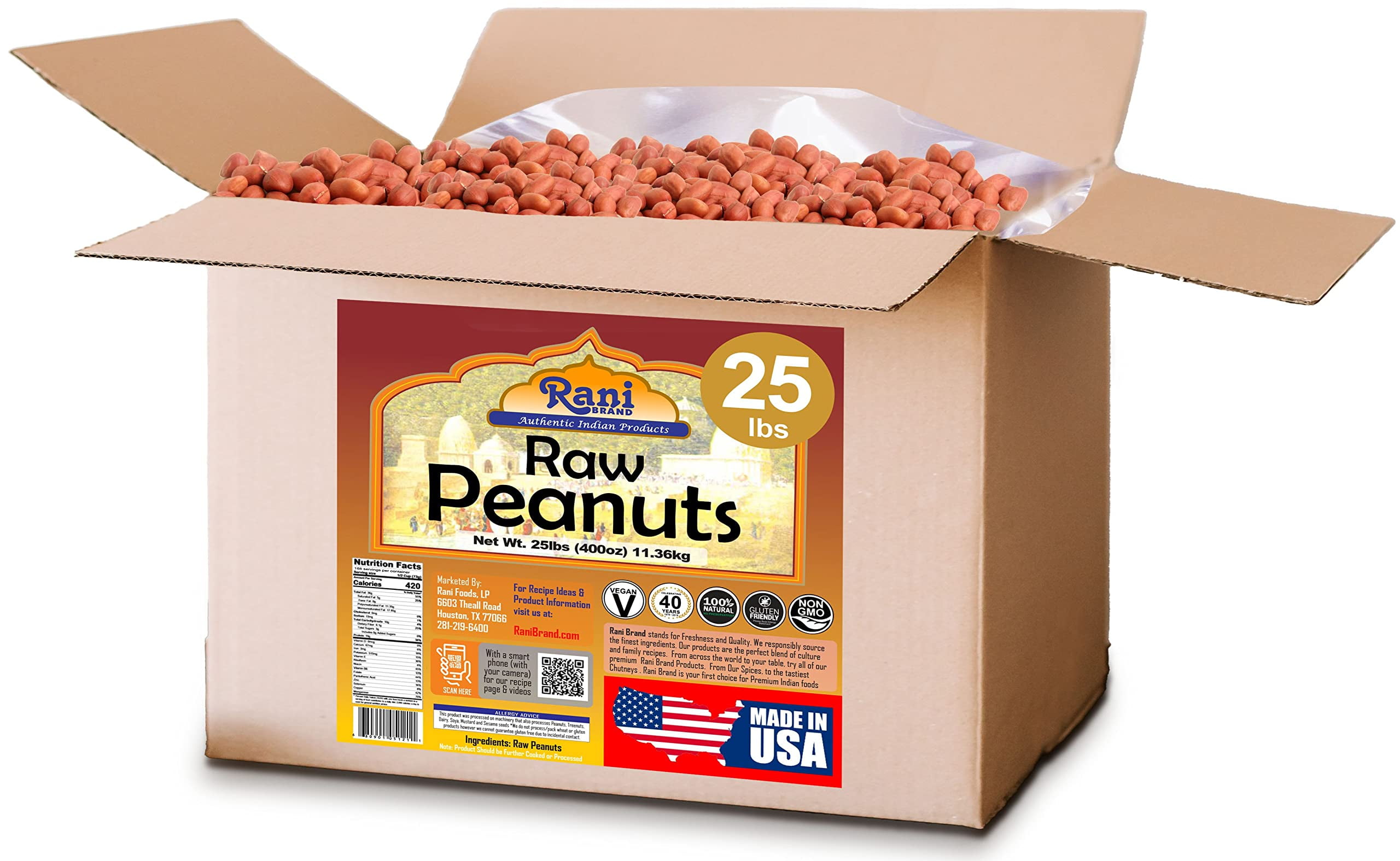 Rani Peanuts, Raw Whole With Skin (uncooked, unsalted) 25lbs (400oz) 11.36kg ~ All Natural | Vegan | Gluten Friendly  ~ Spanish Grade Groundnut / Red-skin