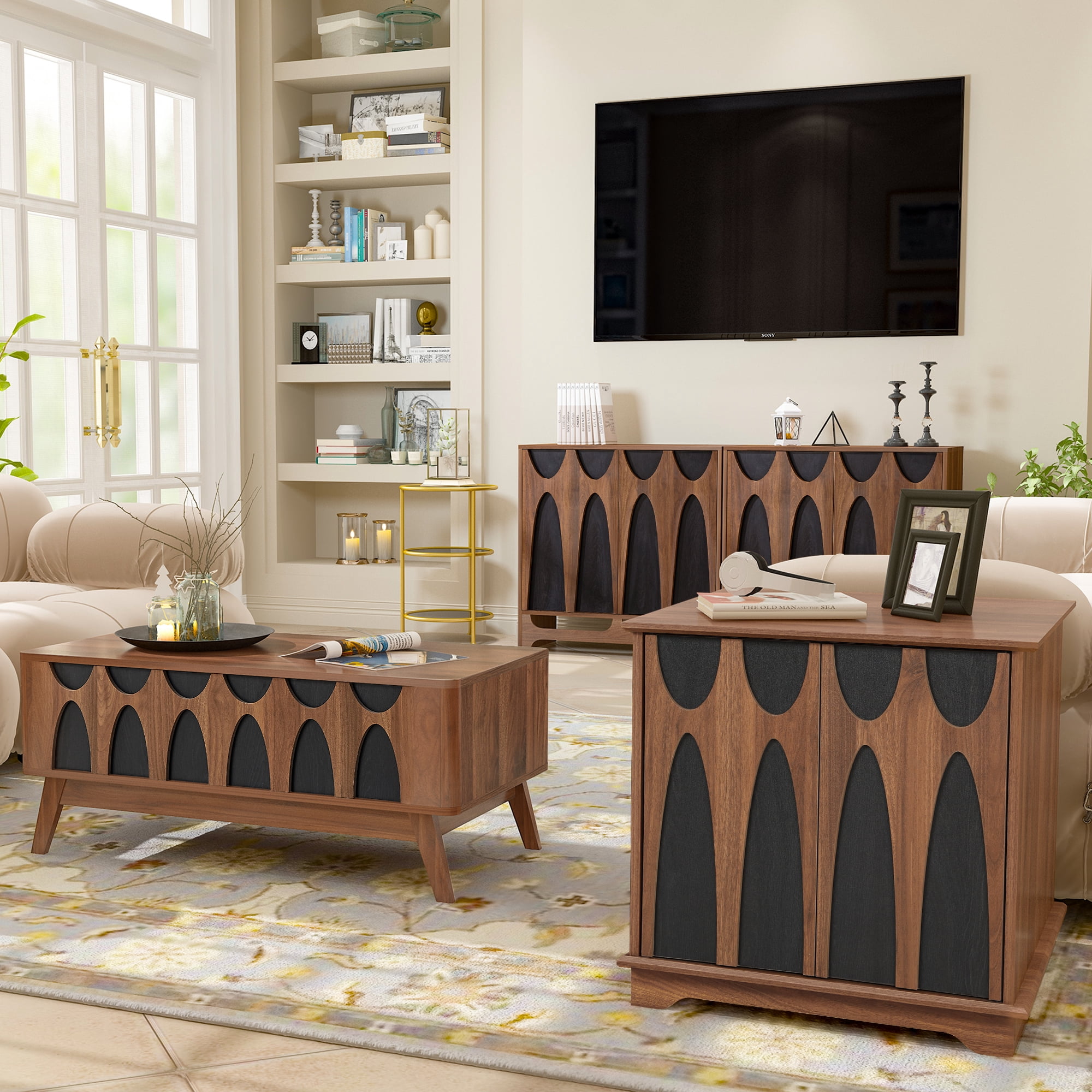 LEFHDA Set of 2 24" Large Square End Tables with Storage — Mid Century Modern Sofa Side Tables, Nightstands with Doors/Drawer & Adjustable Shelf for Living Room