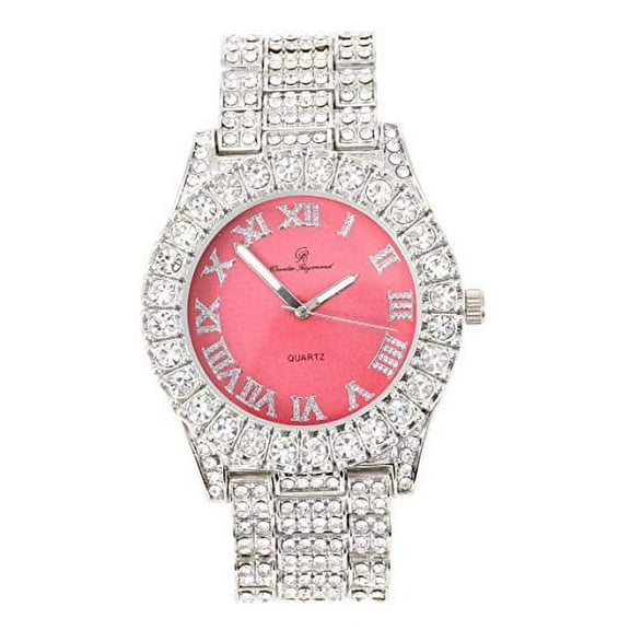 Mens Silver Big Rocks with Roman Numerals Fully Iced Out Colorful Dial Watch - ST10327 RN Single (Silver AuNoir Red)